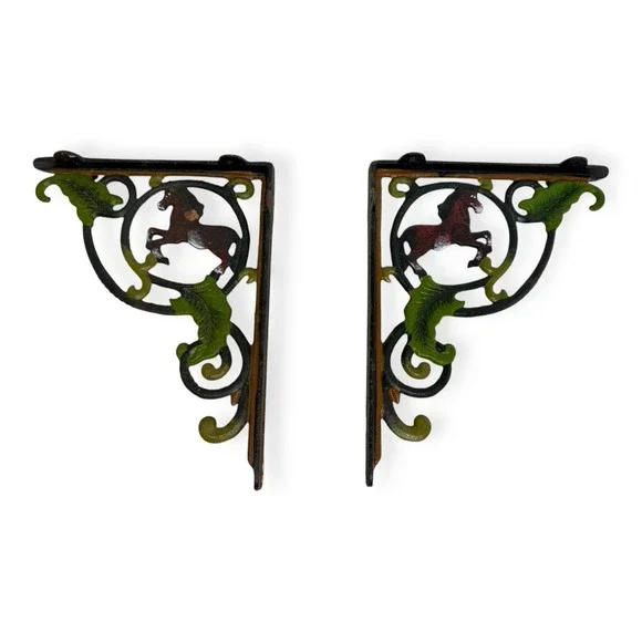 Vintage 1970s Cast Iron Jumping Horse Shelf Brackets Painted Rustic Equestrian - Picture 1 of 10